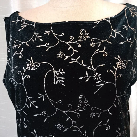 Vintage Sparkle Dress, Black Velour/Silver Sparkles, Sleeveless, Knee Length, M - Picture 7 of 11